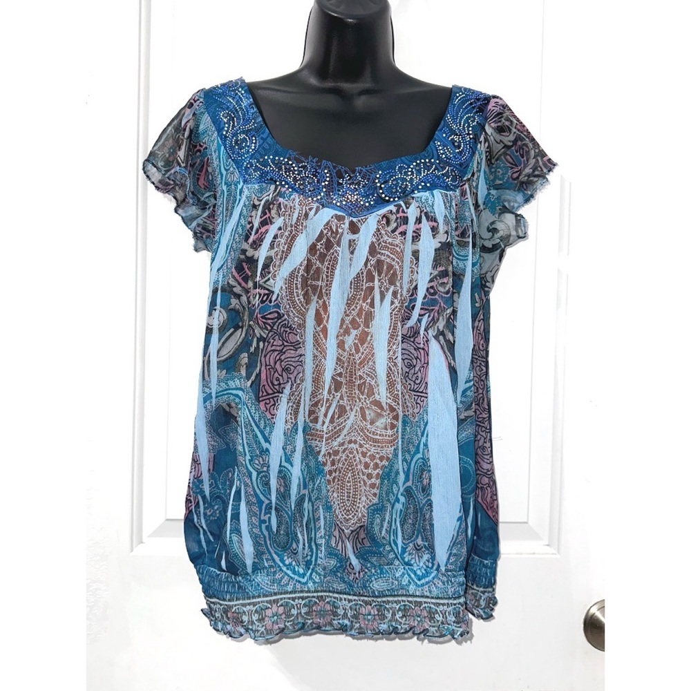 One World Blue sheer blouse, "art-to-wear" style prints and embellishments